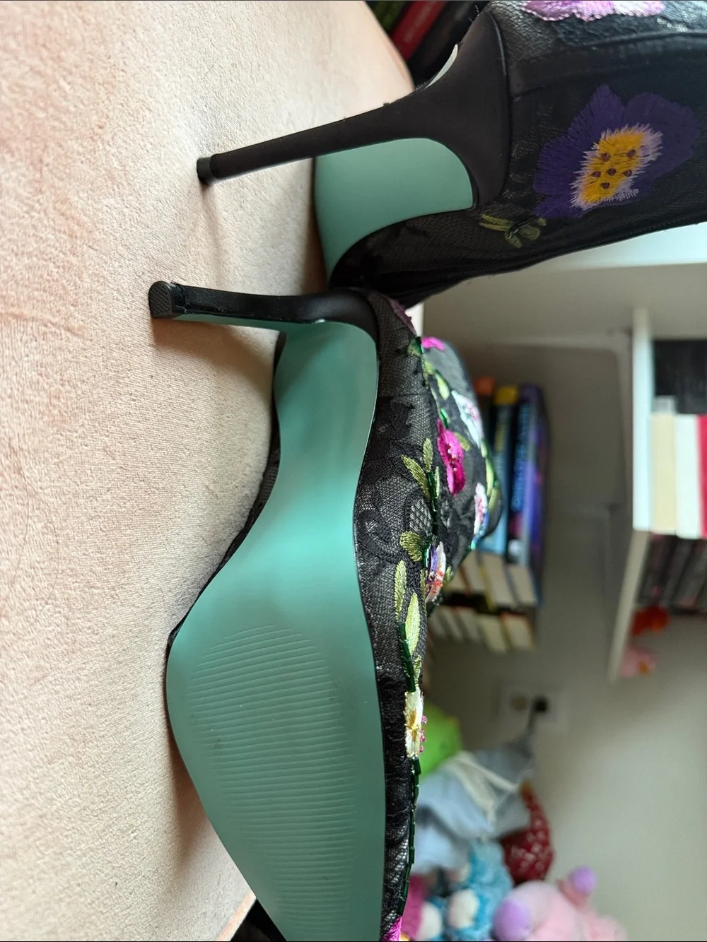 Betsey Johnson Black Floral Embroidered Pointed Toe Ankle Boots